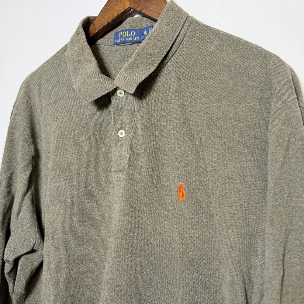 Polo Ralph Lauren Mens XL Long Sleeve Polo Shirt Olive Green Heather Orange Pony